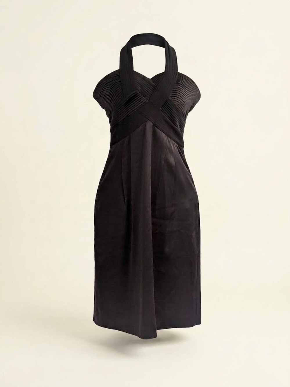 BCBG Black Halter, Pleated Midi Dress